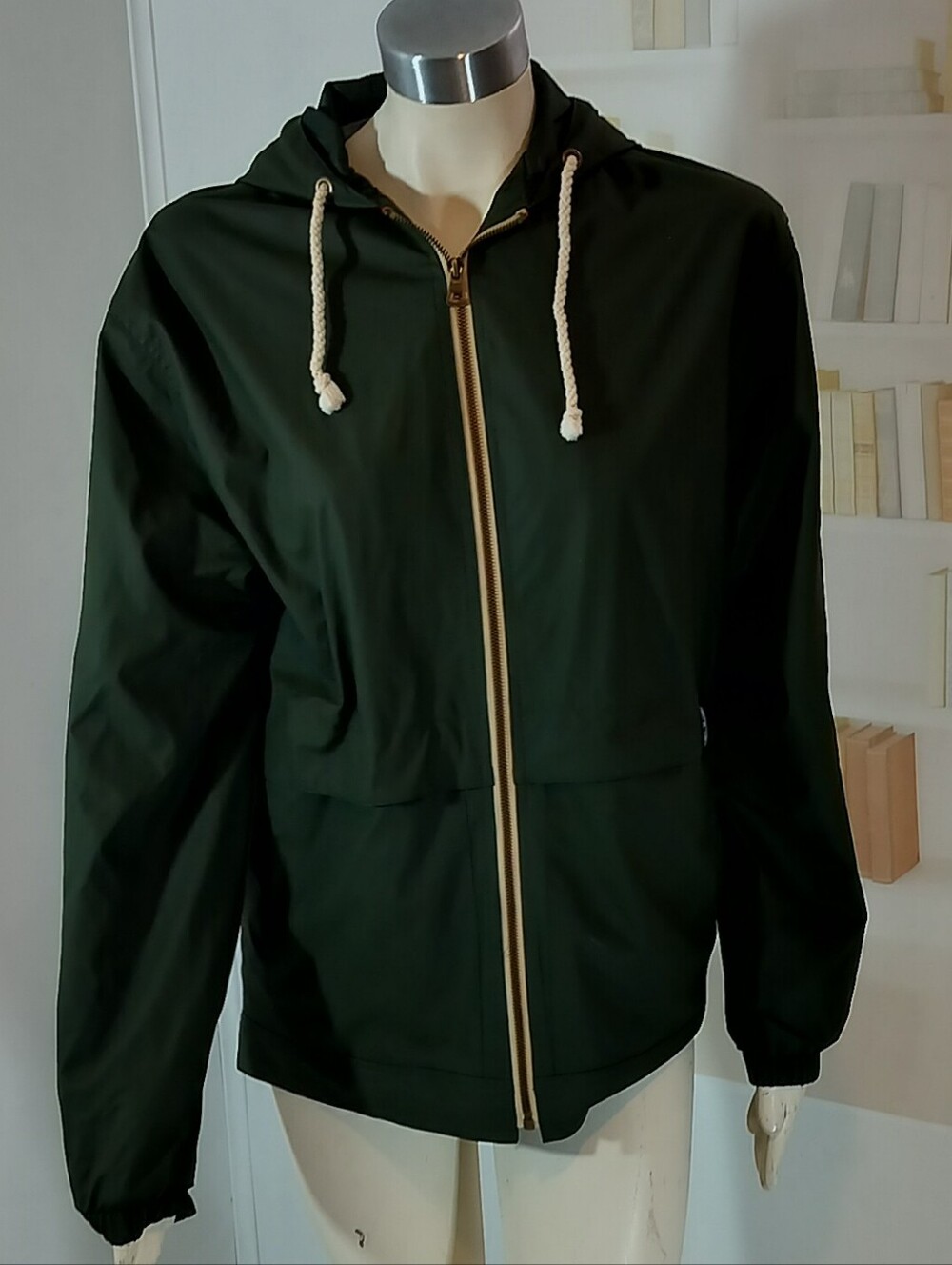 Weatherproof Dark Green Hooded Bomber Jacket with Cream Drawcords